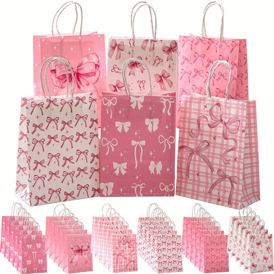 [Pink Bow Party Bags] 6/30pcs Elegant Pink Bow Themed Party Favor Bags | Paper Gift Bags with Handles for Weddings, Bridal Showers, Birthdays, and Special Occasions, Featuring Bows, Stars, and Geometric Patterns in Shades of
