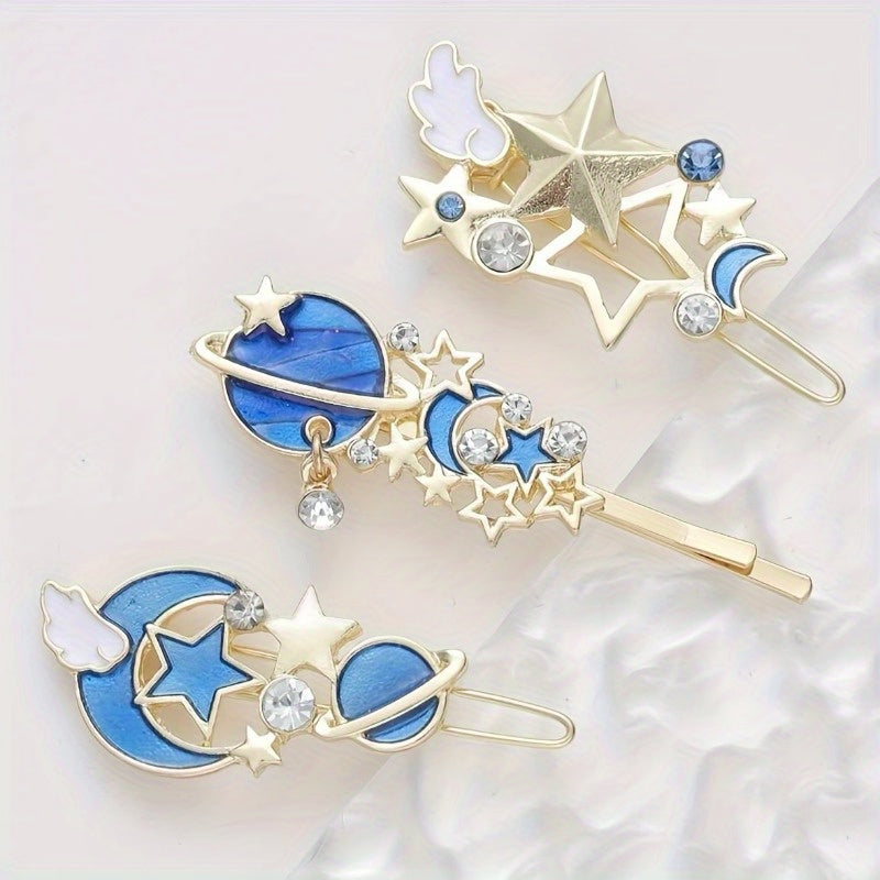 3pcs Non Slip Metal Cartoon Planet Hair Clip, Cute Moon Star Bobby Pin Hair Barrette Hair Slides Decoration Accessory For Women