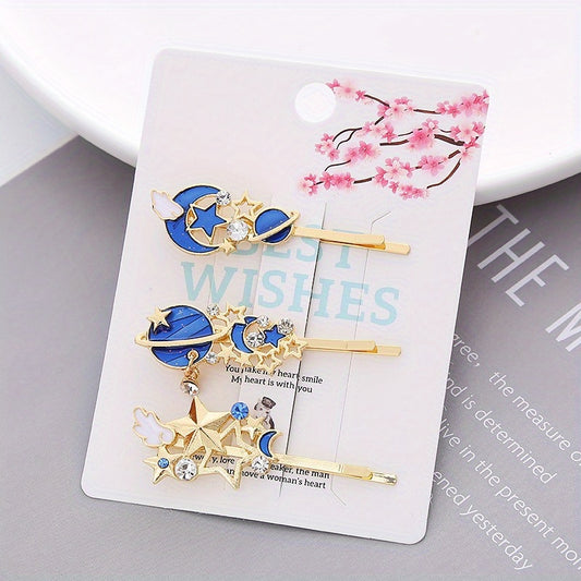 3pcs Non Slip Metal Cartoon Planet Hair Clip, Cute Moon Star Bobby Pin Hair Barrette Hair Slides Decoration Accessory For Women