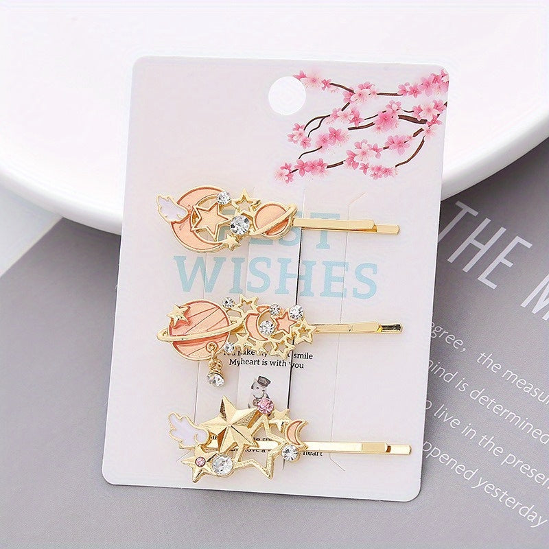 3pcs Non Slip Metal Cartoon Planet Hair Clip, Cute Moon Star Bobby Pin Hair Barrette Hair Slides Decoration Accessory For Women