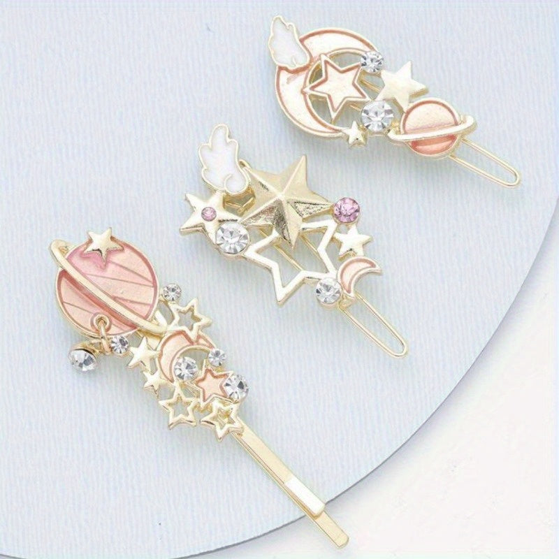 3pcs Non Slip Metal Cartoon Planet Hair Clip, Cute Moon Star Bobby Pin Hair Barrette Hair Slides Decoration Accessory For Women