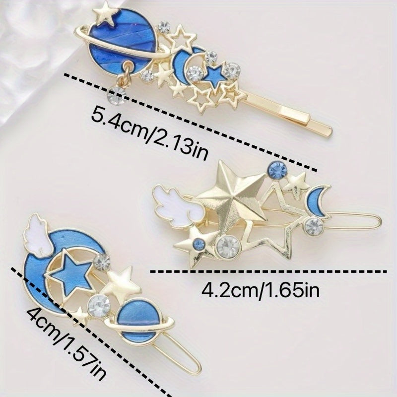 3pcs Non Slip Metal Cartoon Planet Hair Clip, Cute Moon Star Bobby Pin Hair Barrette Hair Slides Decoration Accessory For Women