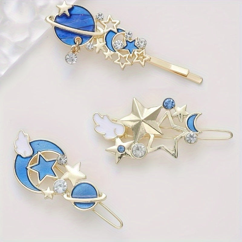 3pcs Non Slip Metal Cartoon Planet Hair Clip, Cute Moon Star Bobby Pin Hair Barrette Hair Slides Decoration Accessory For Women