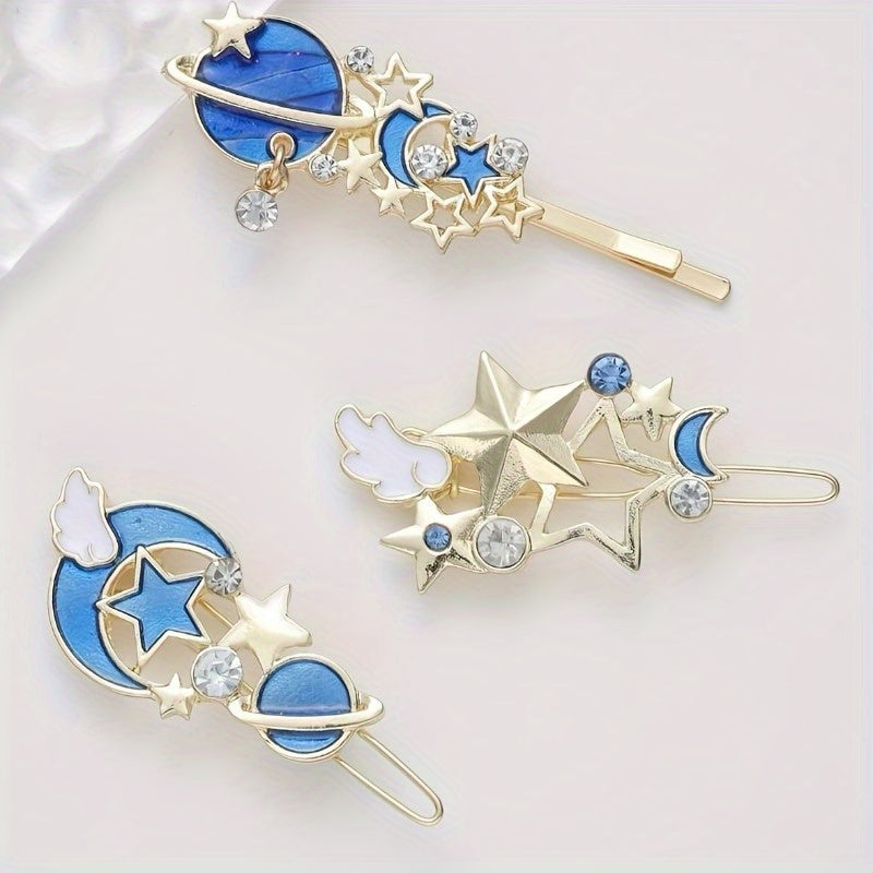 3pcs Non Slip Metal Cartoon Planet Hair Clip, Cute Moon Star Bobby Pin Hair Barrette Hair Slides Decoration Accessory For Women