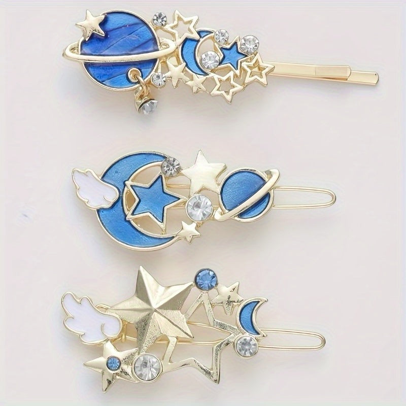 3pcs Non Slip Metal Cartoon Planet Hair Clip, Cute Moon Star Bobby Pin Hair Barrette Hair Slides Decoration Accessory For Women