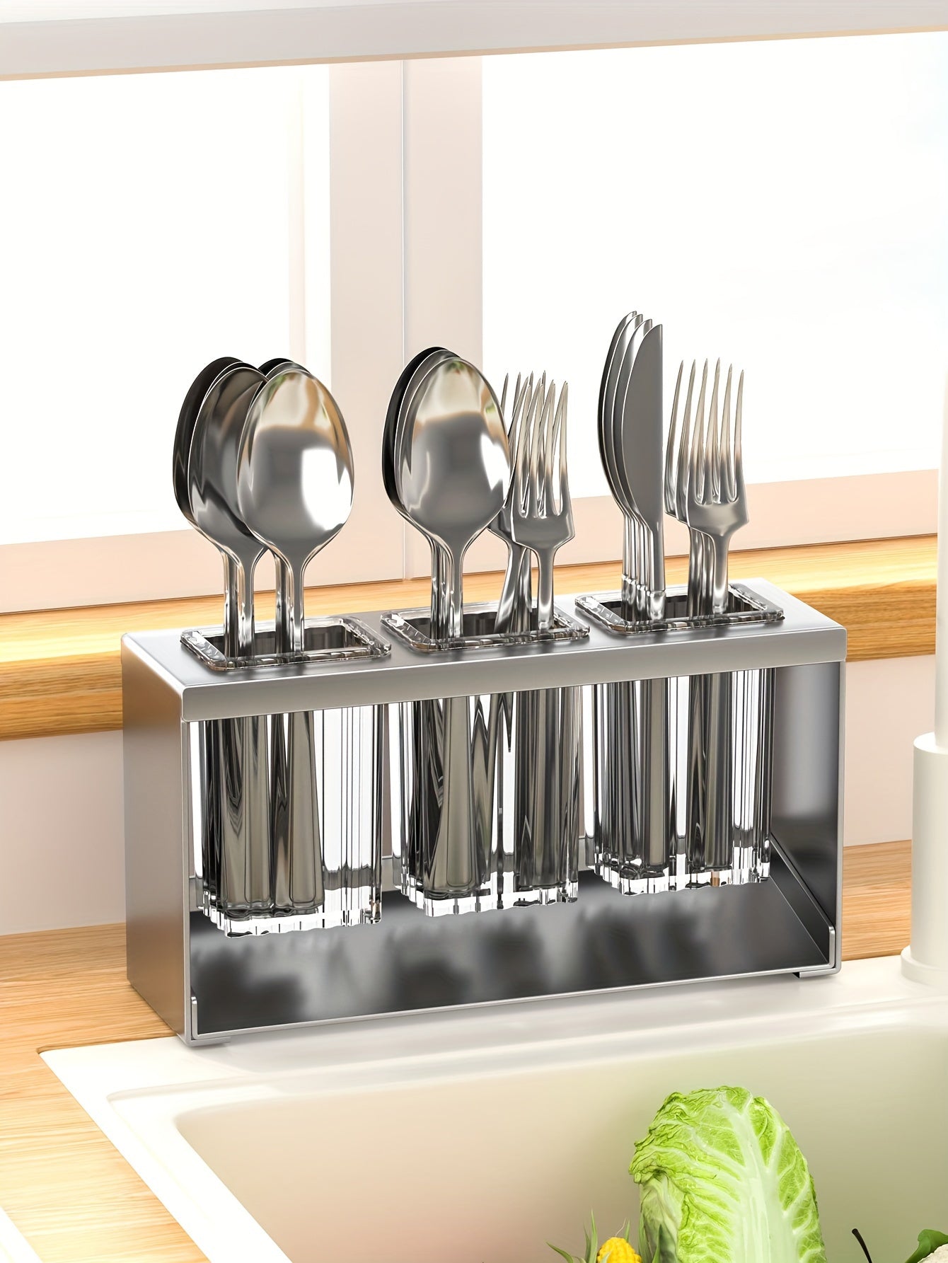1pc Multifunctional Kitchen Utensil Organizer with Drainboard - Plastic Tableware Storage Holder for Knives, Forks, Spoons, and Chopsticks - Countertop Utensil Rack with Built-in Drainage for Home and Restaurant Use