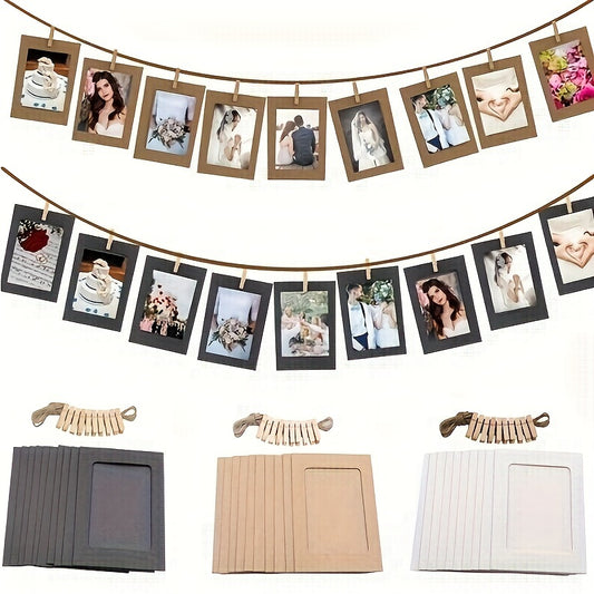 1set, Vintage Cowhide Hanging Paper Black Photo Frame, Flag Banner With Twine Clip Home Decor Party Decor