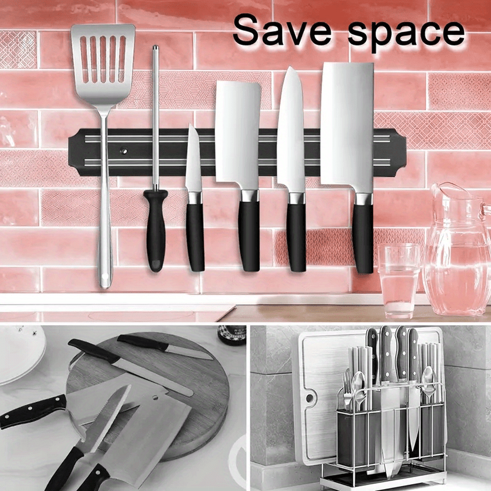 [Magnetic Knife Strip] PUKAMAM 1pc Magnetic Knife Storage Strip | Wall-Mounted No-Drill Space-Saving Holder for 6 Knives, Durable Plastic with Metallic Finish, Secure Grip & Easy Access Kitchen Organizer, Sleek Design