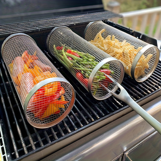 [1pc Portable Barbecue Grill] 1pc, Stainless Steel Round Barbecue Grill, Outdoor BBQ Cage, Portable Barbecue Grill For Outdoor Camping Cooking
