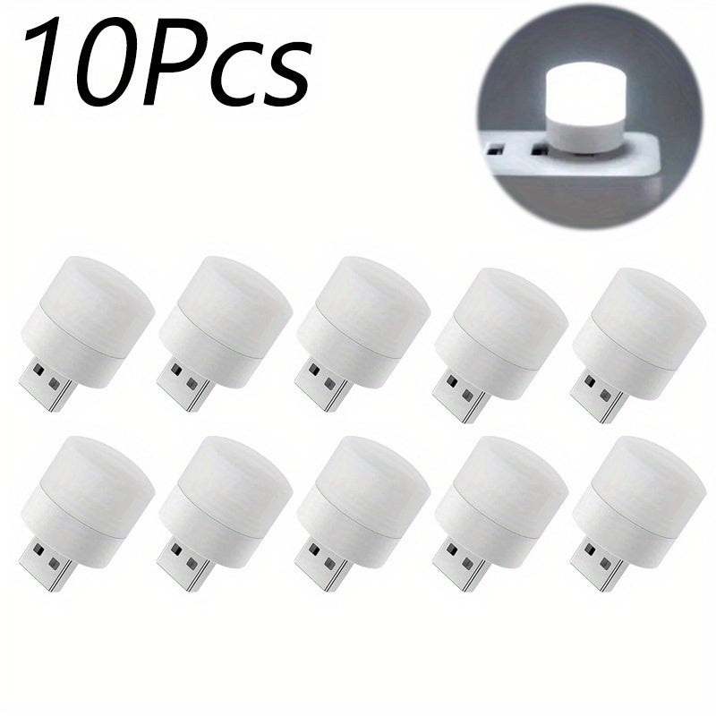 10pcs Mini USB LED Night Light - Warm White Eye Protection Reading Lamp - USB Powered, Portable Downlight for Bedroom, Polished Finish, Button On/Off, Prong Bulb Base, Household Use