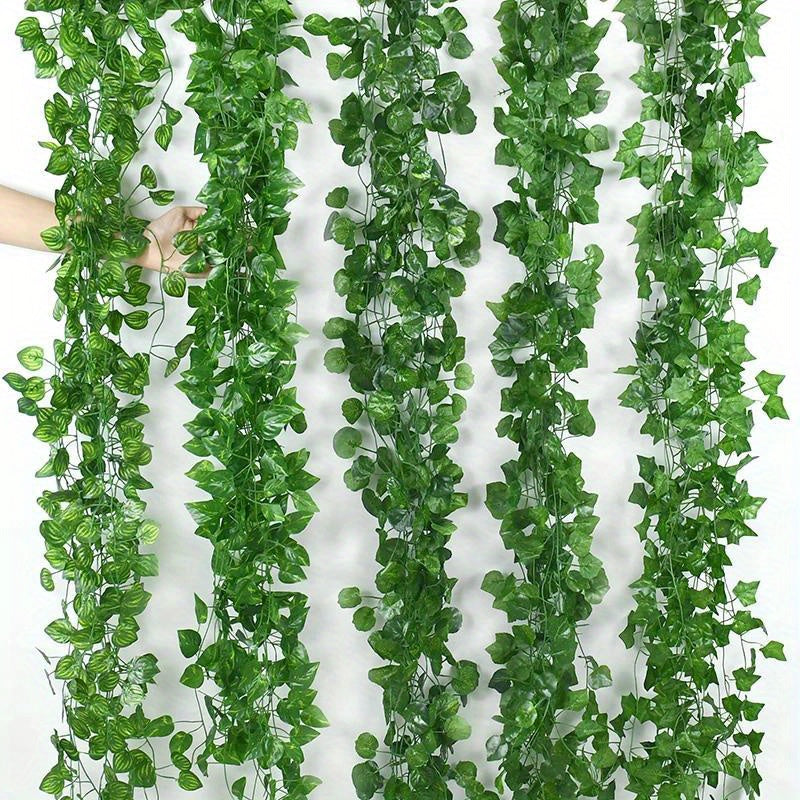 5pcs Evergreen Artificial Ivy Leaf Garlands - 3D Faux Green Vine Hanging Decor, Durable Plastic Plant Wreath for Indoor/Outdoor, Home Garden, Wedding, Bridal Shower, Housewarming - No Electricity Needed, Outdoor Greenery | Ve