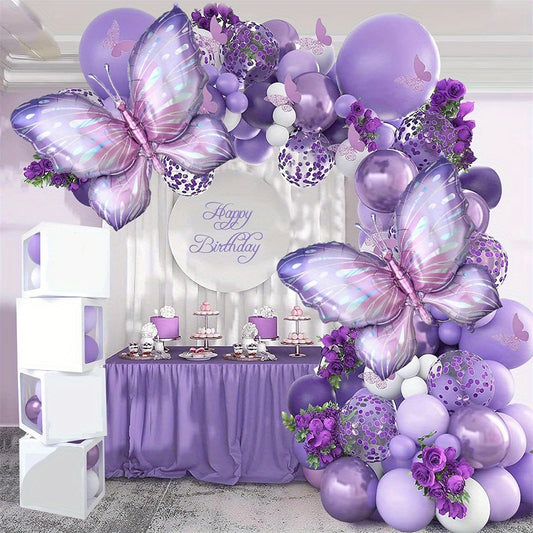 [Purple Butterfly Balloon] 129pcs Purple Butterfly Balloon Garland Arch Kit | Aluminum Film Balloons for Wedding, Engagement, Valentine's Day, Birthday, Anniversary, Indoor & Outdoor Decor, No Electricity Needed