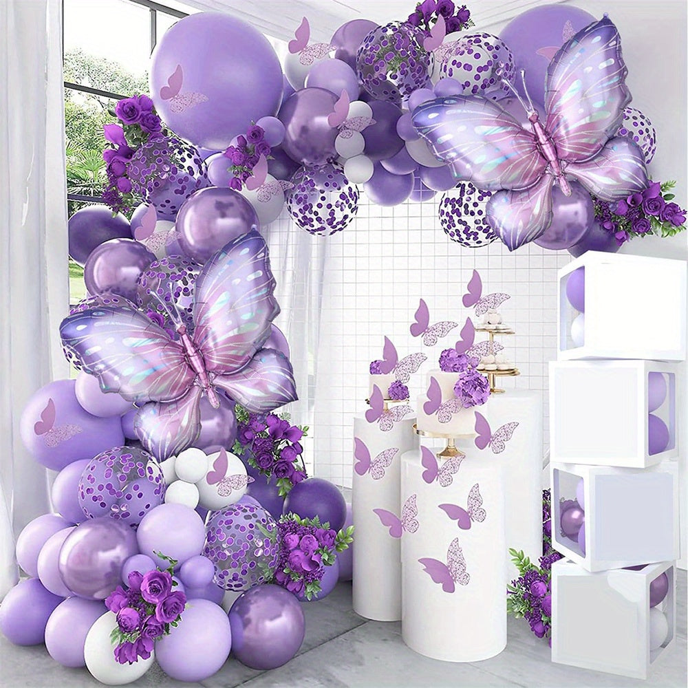 [Purple Butterfly Balloon] 129pcs Purple Butterfly Balloon Garland Arch Kit | Aluminum Film Balloons for Wedding, Engagement, Valentine's Day, Birthday, Anniversary, Indoor & Outdoor Decor, No Electricity Needed