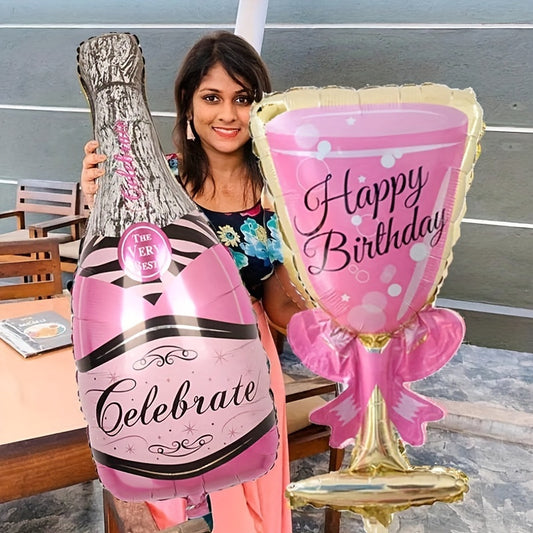 2pcs, Happy Birthday Champagne Bottle And Wine Glass Foil Balloons, Birthday Party Decorations, Photo Prop Decor, Celebration Decor, Birthday Gift, Atmosphere Arrangement, Home Decor, Scene Decor
