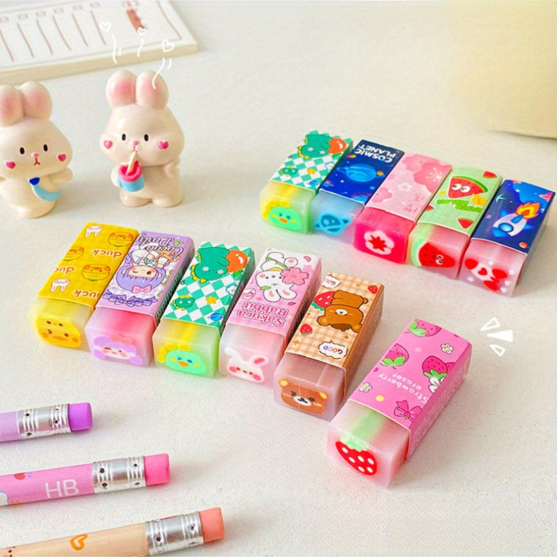 10PCS Cartoon Centered Erasers - TPRTPR Rubber, Oval Shape, No Shedding, Random Designs - Office Supplies