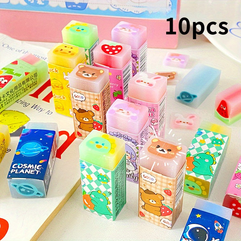 10PCS Cartoon Centered Erasers - TPRTPR Rubber, Oval Shape, No Shedding, Random Designs - Office Supplies