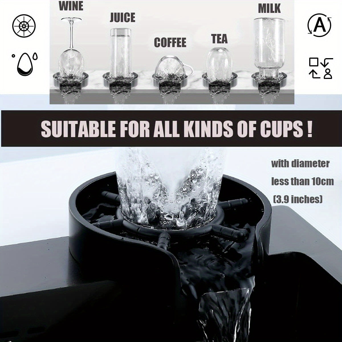 [Automatic Cup Washer] High-Pressure Automatic Cup Washer | Single-Hole Deck Mount Plastic Glass Rinser for Kitchen Sink – Ideal for Coffee Mugs, Wine Glasses, Baby Bottles