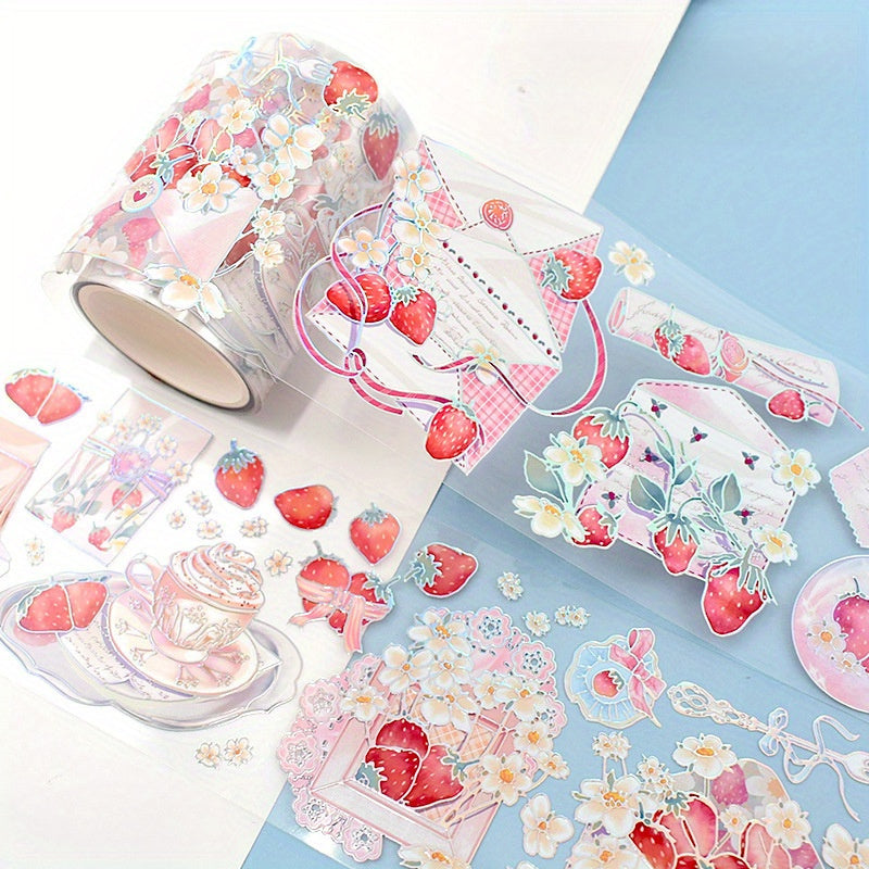1 Roll Cute Strawberry Fantasy Stickers For Scrapbooking, Glossy PET Decal Tape With Anime Strawberry Romance Theme, Self-Adhesive For Journals And Notebooks, DIY & Decoration Accessories