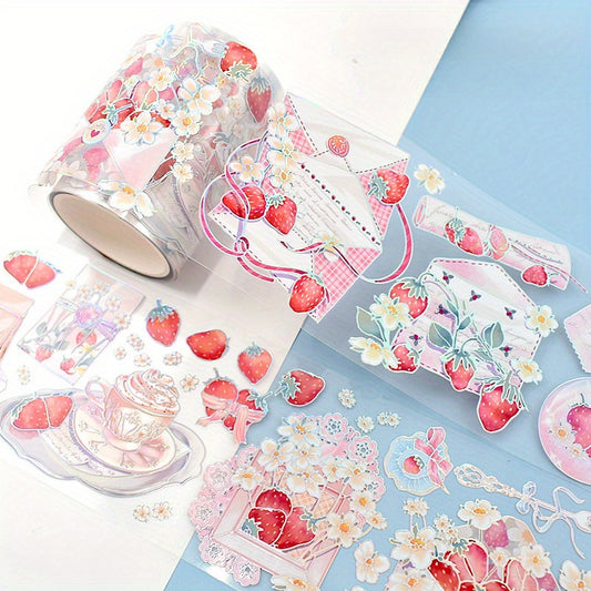 1 Roll Cute Strawberry Fantasy Stickers For Scrapbooking, Glossy PET Decal Tape With Anime Strawberry Romance Theme, Self-Adhesive For Journals And Notebooks, DIY & Decoration Accessories