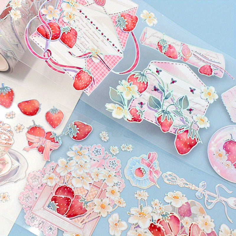 1 Roll Cute Strawberry Fantasy Stickers For Scrapbooking, Glossy PET Decal Tape With Anime Strawberry Romance Theme, Self-Adhesive For Journals And Notebooks, DIY & Decoration Accessories