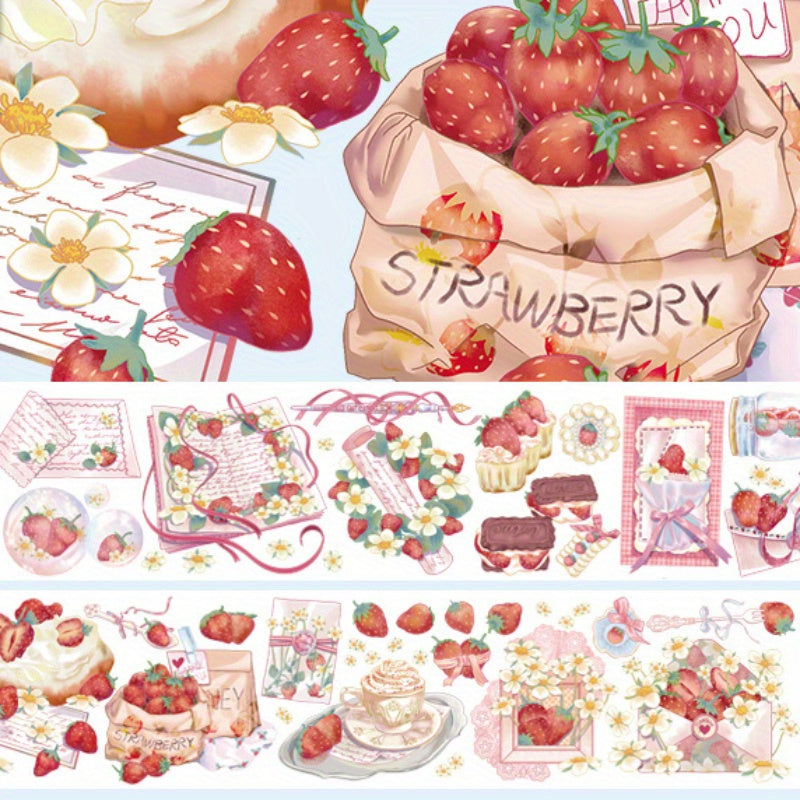 1 Roll Cute Strawberry Fantasy Stickers For Scrapbooking, Glossy PET Decal Tape With Anime Strawberry Romance Theme, Self-Adhesive For Journals And Notebooks, DIY & Decoration Accessories