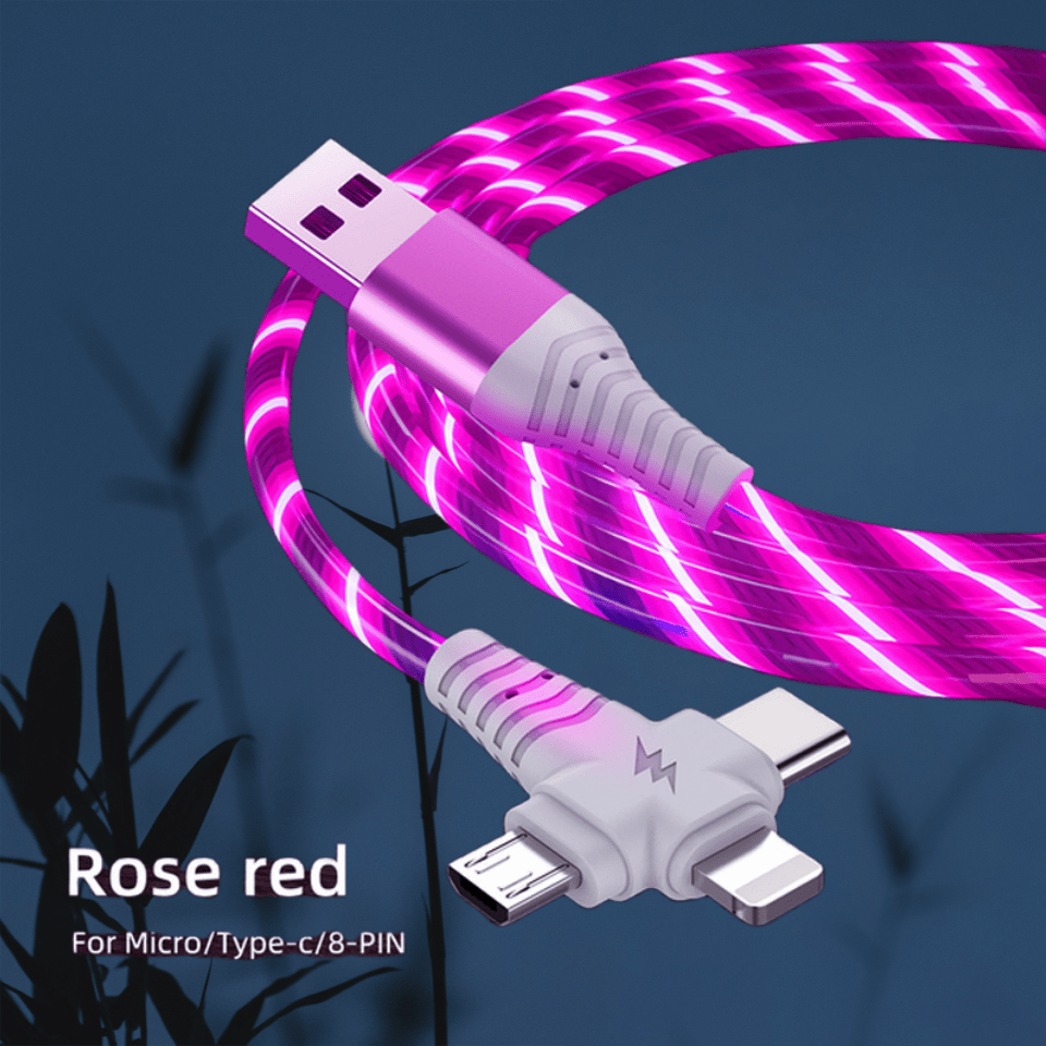 3-in-1 Flowing Glow Cable - Fast Charging Micro USB Type-C for iPhone 14, 13, 12, 11 Pro Max, XS, XR, SE 8, 7, 6 | Compatible with Samsung, Xiaomi, Oppo, Vivo, Lenovo | 1M Length, 10-20W Output, ≤36V, 1M Charging Cable | Vi
