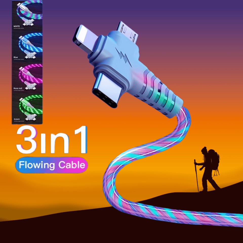 3-in-1 Flowing Glow Cable - Fast Charging Micro USB Type-C for iPhone 14, 13, 12, 11 Pro Max, XS, XR, SE 8, 7, 6 | Compatible with Samsung, Xiaomi, Oppo, Vivo, Lenovo | 1M Length, 10-20W Output, ≤36V, 1M Charging Cable | Vi