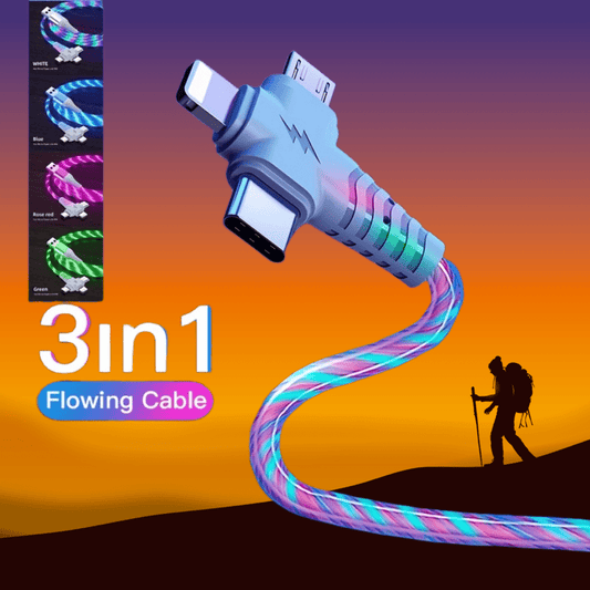 3-in-1 Flowing Glow Cable - Fast Charging Micro USB Type-C for iPhone 14, 13, 12, 11 Pro Max, XS, XR, SE 8, 7, 6 | Compatible with Samsung, Xiaomi, Oppo, Vivo, Lenovo | 1M Length, 10-20W Output, ≤36V, 1M Charging Cable | Vi