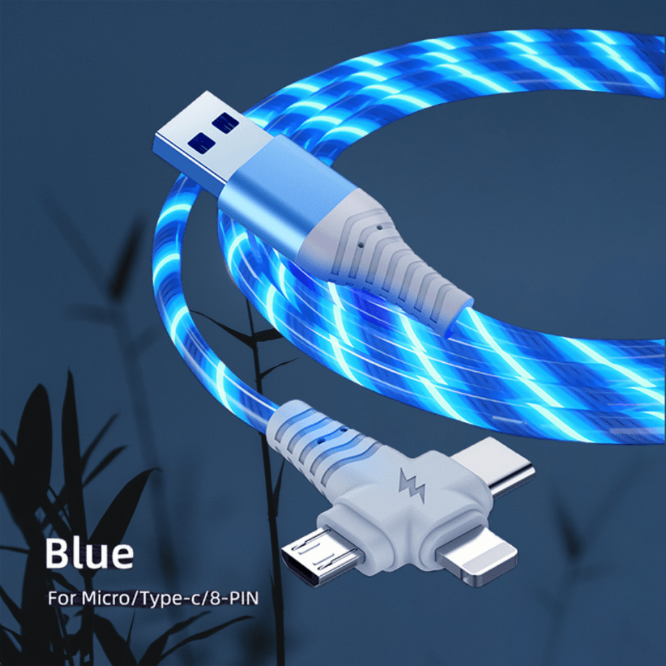3-in-1 Flowing Glow Cable - Fast Charging Micro USB Type-C for iPhone 14, 13, 12, 11 Pro Max, XS, XR, SE 8, 7, 6 | Compatible with Samsung, Xiaomi, Oppo, Vivo, Lenovo | 1M Length, 10-20W Output, ≤36V, 1M Charging Cable | Vi