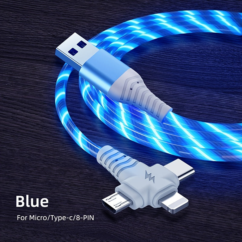 3-in-1 Flowing Glow Cable - Fast Charging Micro USB Type-C for iPhone 14, 13, 12, 11 Pro Max, XS, XR, SE 8, 7, 6 | Compatible with Samsung, Xiaomi, Oppo, Vivo, Lenovo | 1M Length, 10-20W Output, ≤36V, 1M Charging Cable | Vi