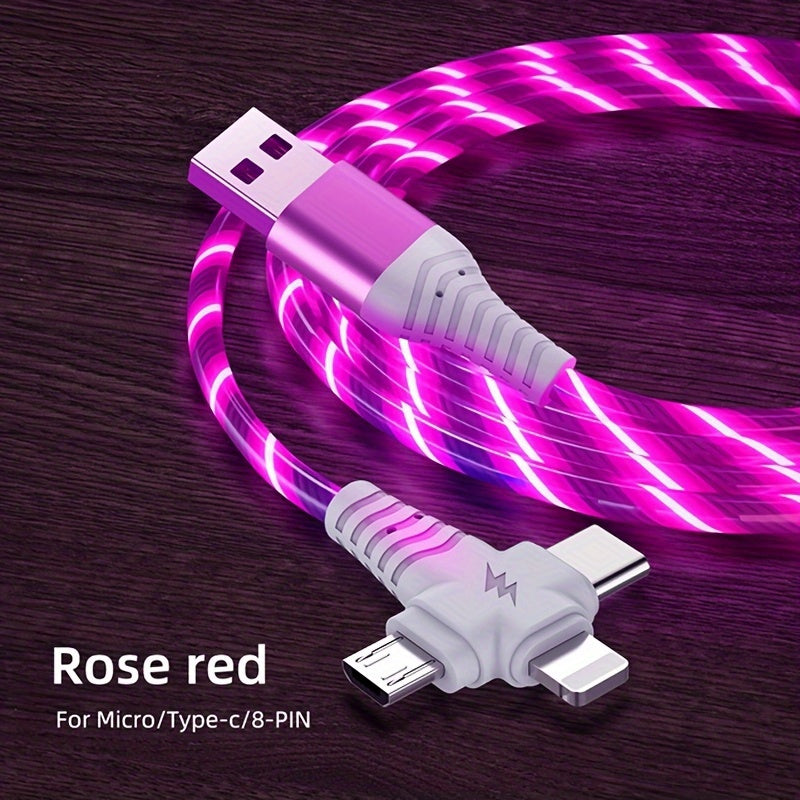 3-in-1 Flowing Glow Cable - Fast Charging Micro USB Type-C for iPhone 14, 13, 12, 11 Pro Max, XS, XR, SE 8, 7, 6 | Compatible with Samsung, Xiaomi, Oppo, Vivo, Lenovo | 1M Length, 10-20W Output, ≤36V, 1M Charging Cable | Vi