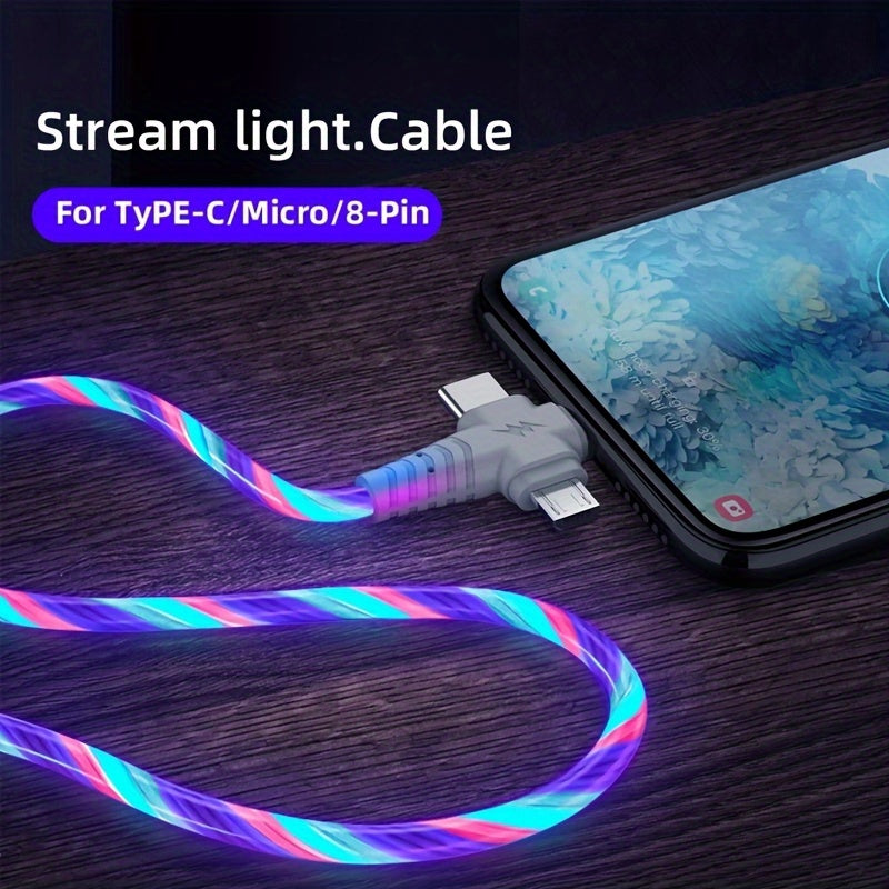 3-in-1 Flowing Glow Cable - Fast Charging Micro USB Type-C for iPhone 14, 13, 12, 11 Pro Max, XS, XR, SE 8, 7, 6 | Compatible with Samsung, Xiaomi, Oppo, Vivo, Lenovo | 1M Length, 10-20W Output, ≤36V, 1M Charging Cable | Vi