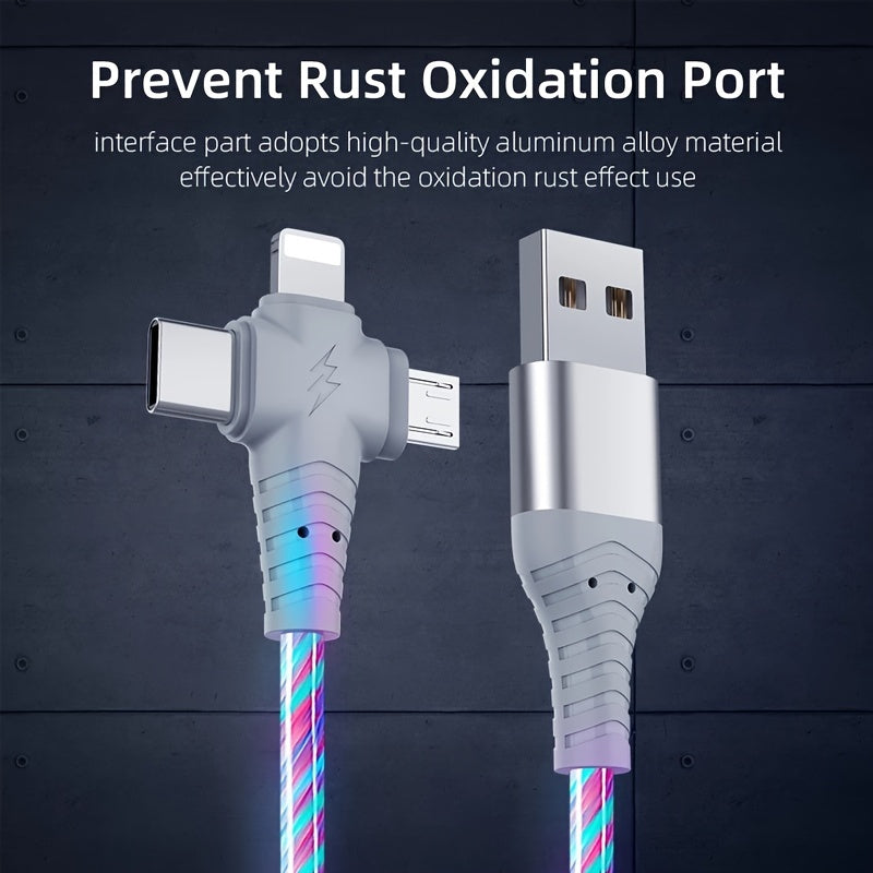 3-in-1 Flowing Glow Cable - Fast Charging Micro USB Type-C for iPhone 14, 13, 12, 11 Pro Max, XS, XR, SE 8, 7, 6 | Compatible with Samsung, Xiaomi, Oppo, Vivo, Lenovo | 1M Length, 10-20W Output, ≤36V, 1M Charging Cable | Vi