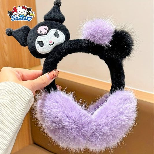 Sanrio Women's Plush Earmuffs - Soft Winter Ear Warmers with Kuromi, Yugui Dog, Vanilla Roll Designs - Pastel Purple/Black/, Lightweight Portable Folding for Commuting, Travel, Everyday - Sanrio Collectible Gift, Outdoor Wear