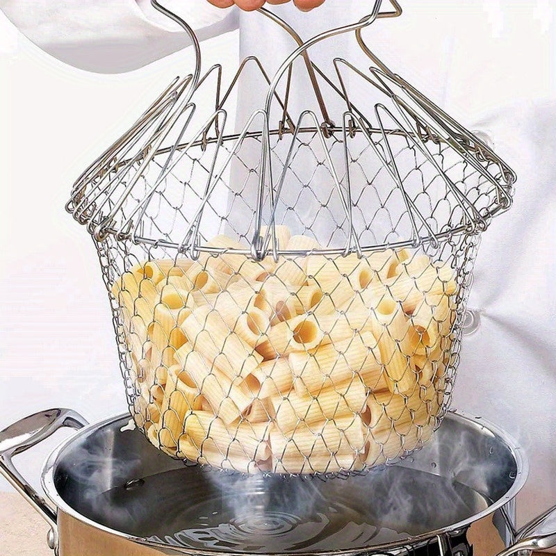 1-Pack Stainless Steel Deluxe Folding Fry Basket - Multi-Functional Kitchen Colander Mesh Strainer for Frying, Fruit Display, and Food Draining - Durable, Rust-Resistant, Easy-to-Clean Cooking Accessories for Home and Restaur