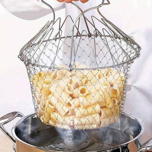 1-Pack Stainless Steel Deluxe Folding Fry Basket - Multi-Functional Kitchen Colander Mesh Strainer for Frying, Fruit Display, and Food Draining - Durable, Rust-Resistant, Easy-to-Clean Cooking Accessories for Home and Restaur