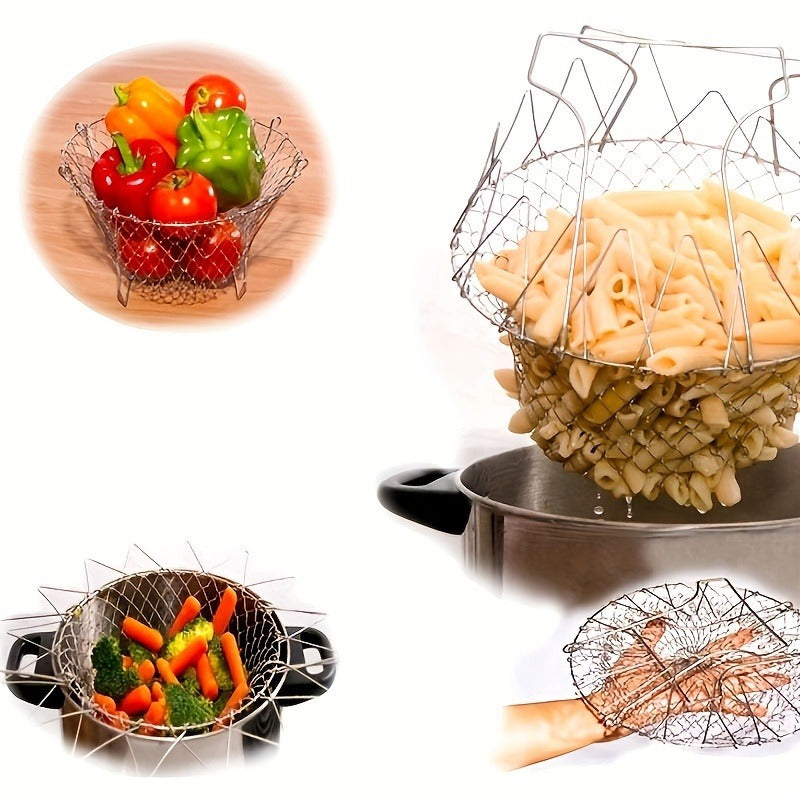 1-Pack Stainless Steel Deluxe Folding Fry Basket - Multi-Functional Kitchen Colander Mesh Strainer for Frying, Fruit Display, and Food Draining - Durable, Rust-Resistant, Easy-to-Clean Cooking Accessories for Home and Restaur