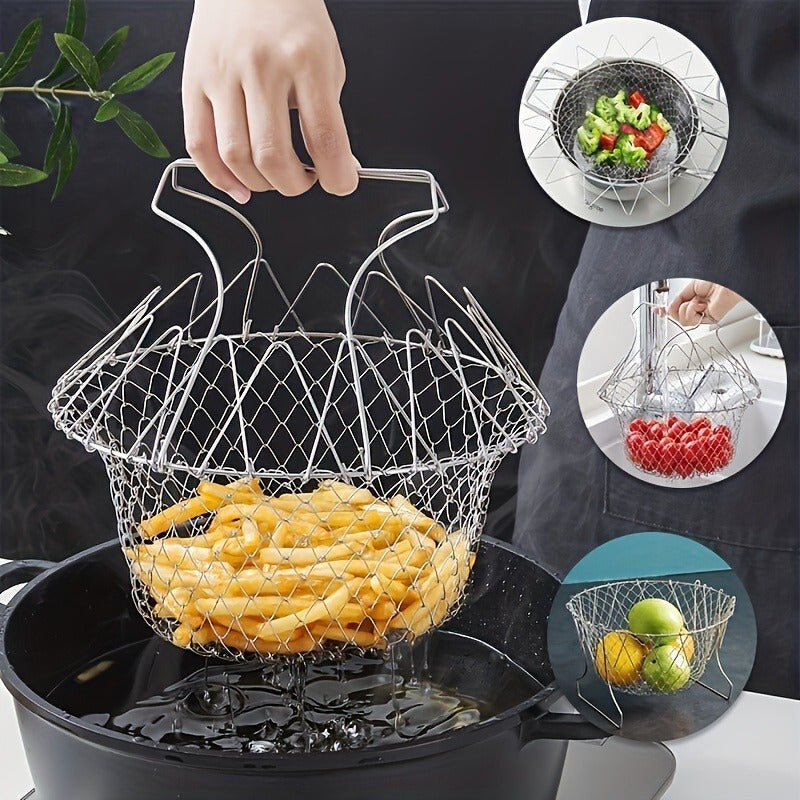 1-Pack Stainless Steel Deluxe Folding Fry Basket - Multi-Functional Kitchen Colander Mesh Strainer for Frying, Fruit Display, and Food Draining - Durable, Rust-Resistant, Easy-to-Clean Cooking Accessories for Home and Restaur