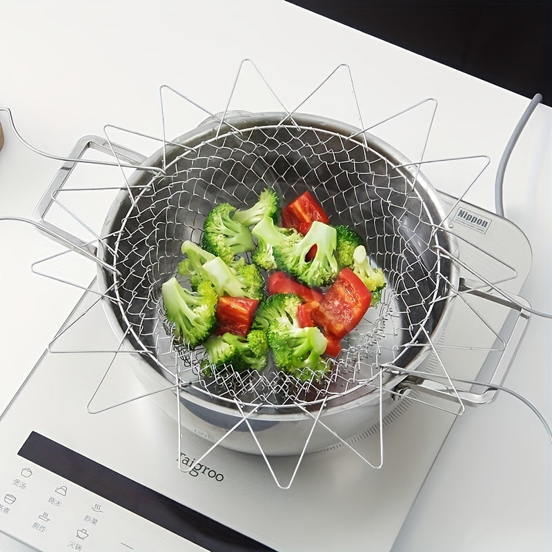 1-Pack Stainless Steel Deluxe Folding Fry Basket - Multi-Functional Kitchen Colander Mesh Strainer for Frying, Fruit Display, and Food Draining - Durable, Rust-Resistant, Easy-to-Clean Cooking Accessories for Home and Restaur