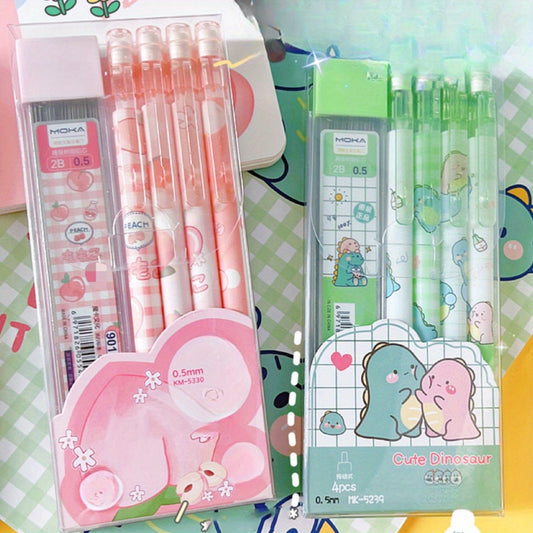 4-Pack Kawaii Mechanical Pencil Set - Cute Dinosaur & Heart Designs for School and Office Supplies - 0.5mm Automatic Pencils with HB Lead Refills, Non-Battery Operated, Durable Plastic Construction, Ideal for Everyday Writing
