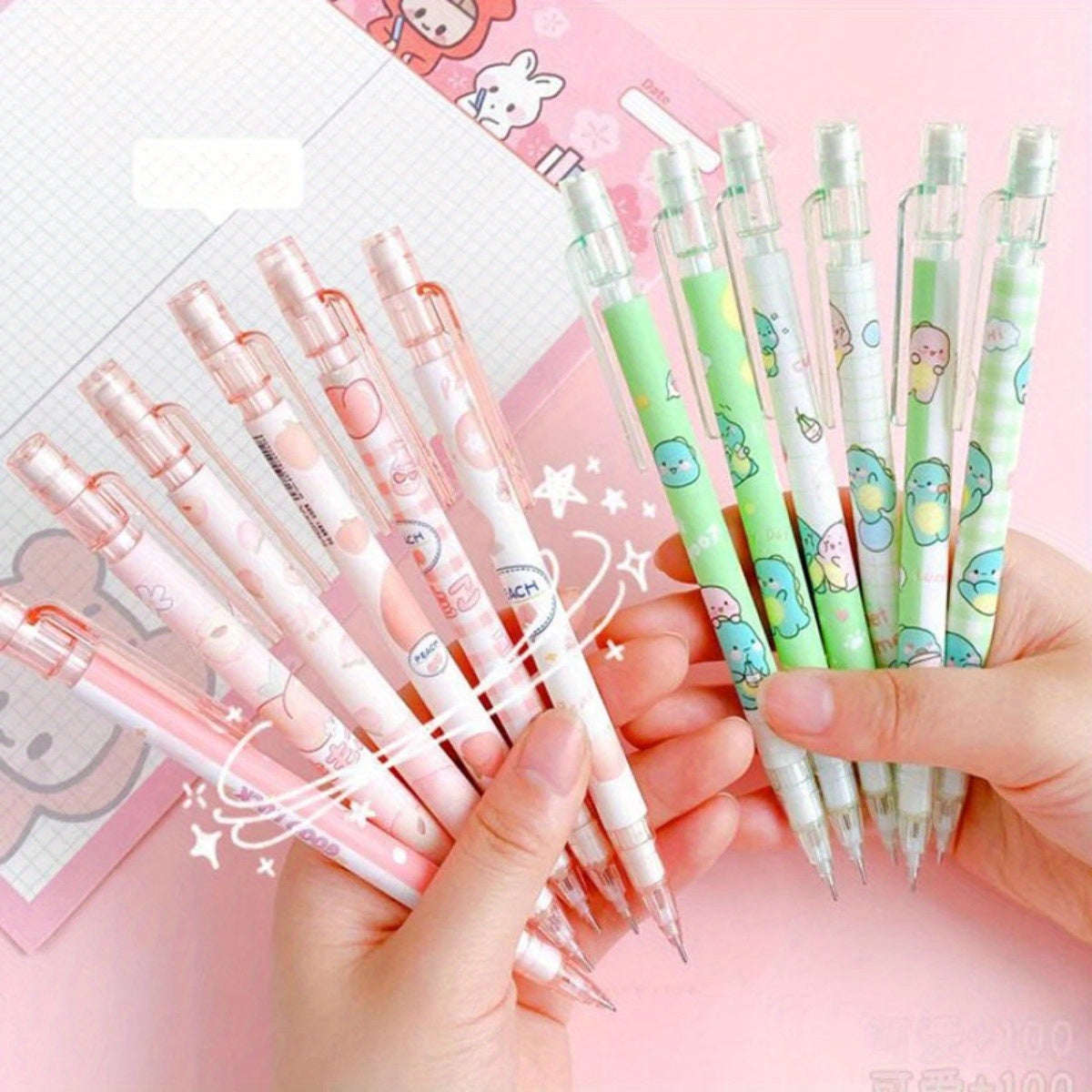 4-Pack Kawaii Mechanical Pencil Set - Cute Dinosaur & Heart Designs for School and Office Supplies - 0.5mm Automatic Pencils with HB Lead Refills, Non-Battery Operated, Durable Plastic Construction, Ideal for Everyday Writing