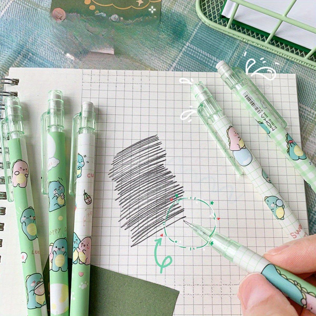 4-Pack Kawaii Mechanical Pencil Set - Cute Dinosaur & Heart Designs for School and Office Supplies - 0.5mm Automatic Pencils with HB Lead Refills, Non-Battery Operated, Durable Plastic Construction, Ideal for Everyday Writing