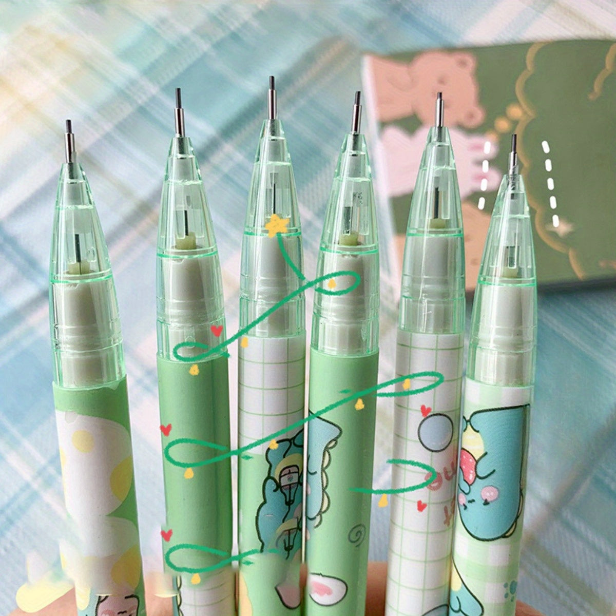 4-Pack Kawaii Mechanical Pencil Set - Cute Dinosaur & Heart Designs for School and Office Supplies - 0.5mm Automatic Pencils with HB Lead Refills, Non-Battery Operated, Durable Plastic Construction, Ideal for Everyday Writing