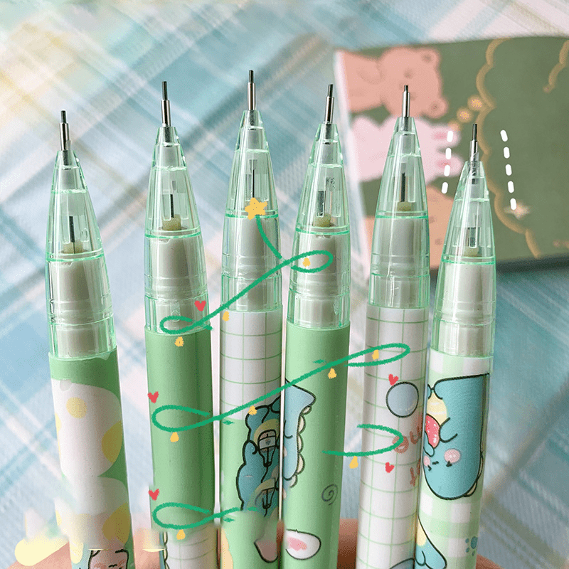4-Pack Kawaii Mechanical Pencil Set - Cute Dinosaur & Heart Designs for School and Office Supplies - 0.5mm Automatic Pencils with HB Lead Refills, Non-Battery Operated, Durable Plastic Construction, Ideal for Everyday Writing