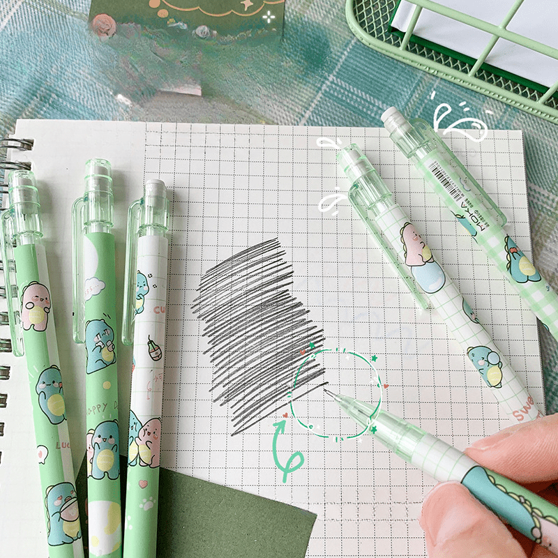 4-Pack Kawaii Mechanical Pencil Set - Cute Dinosaur & Heart Designs for School and Office Supplies - 0.5mm Automatic Pencils with HB Lead Refills, Non-Battery Operated, Durable Plastic Construction, Ideal for Everyday Writing