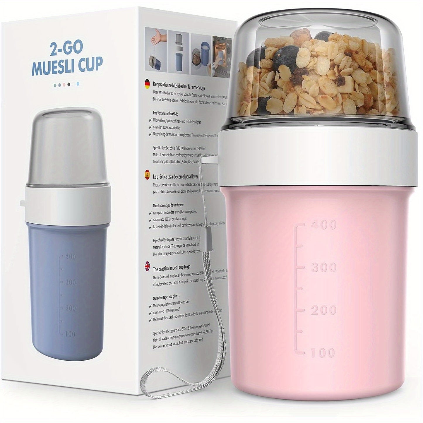 Breakfast Cereal Cup, 2-in-1 Takeaway Yogurt Jar, Back to School Lunch Box, Yogurt Cup, Leakproof Overnight Oatmeal Jar Breakfast Storage Container Suitable for School Class Office Travel Picnic - 560ml+310ml