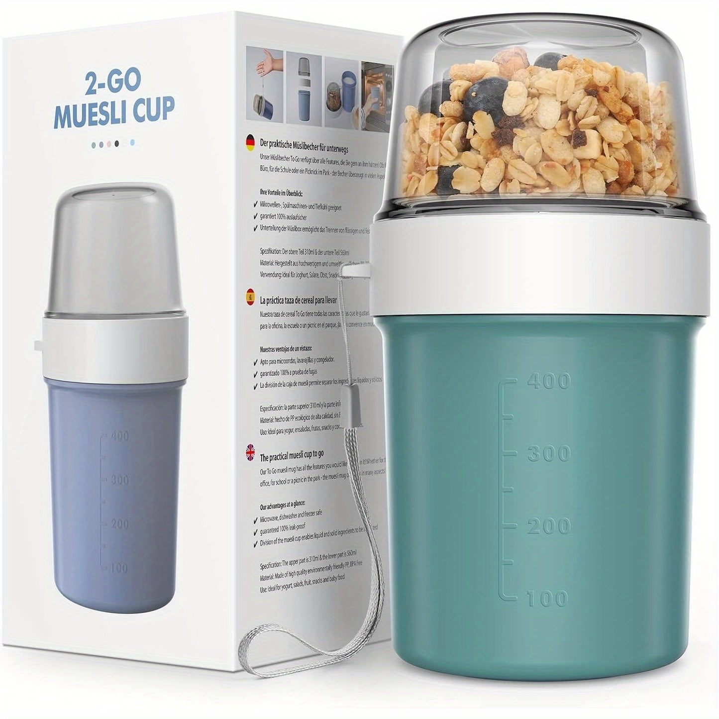 Breakfast Cereal Cup, 2-in-1 Takeaway Yogurt Jar, Back to School Lunch Box, Yogurt Cup, Leakproof Overnight Oatmeal Jar Breakfast Storage Container Suitable for School Class Office Travel Picnic - 560ml+310ml