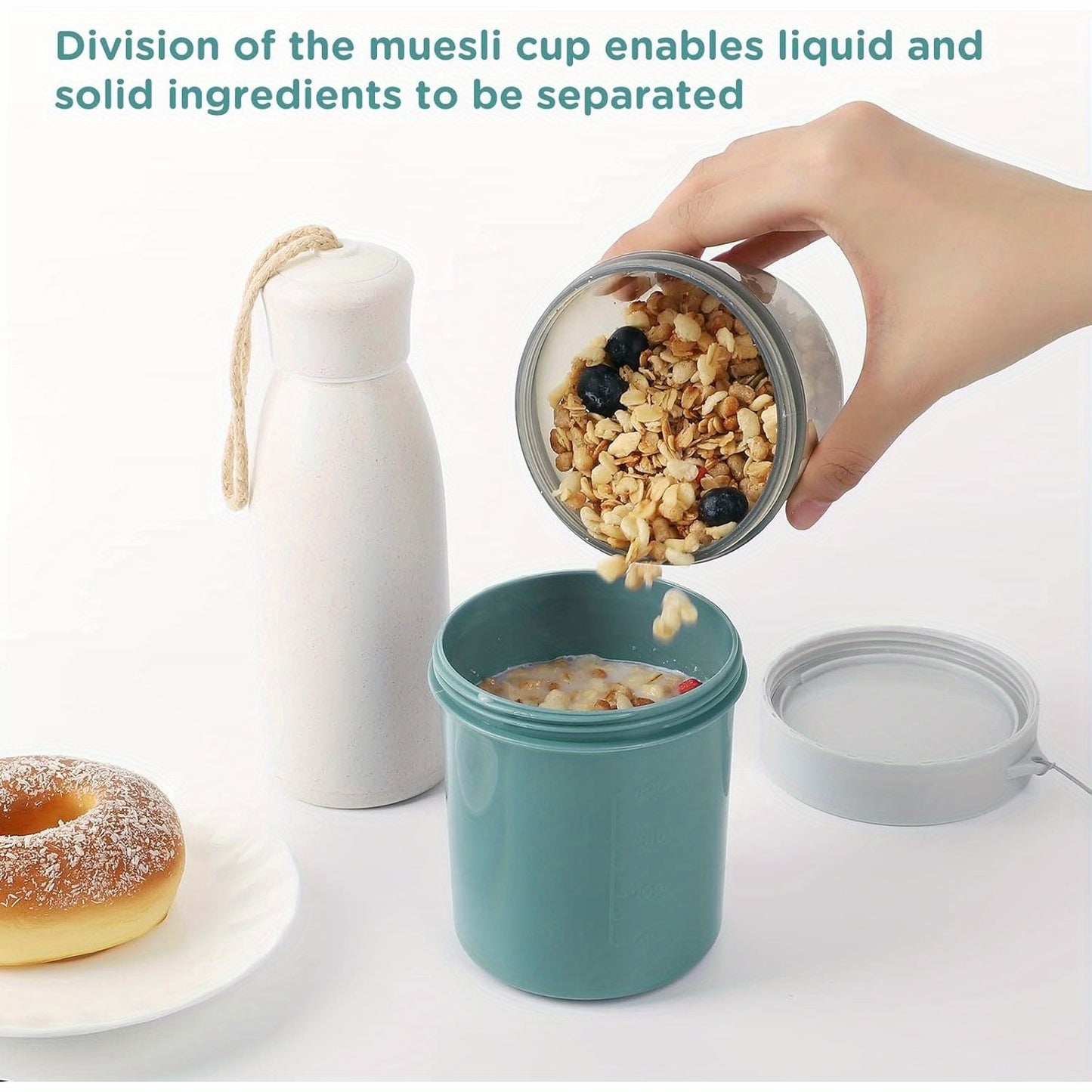 Breakfast Cereal Cup, 2-in-1 Takeaway Yogurt Jar, Back to School Lunch Box, Yogurt Cup, Leakproof Overnight Oatmeal Jar Breakfast Storage Container Suitable for School Class Office Travel Picnic - 560ml+310ml