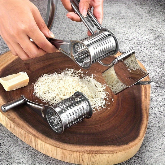 Premium Stainless Steel Cheese Grater - Manual Rotary Shredder with Interchangeable Blades, Durable Metal Kitchen Tool.