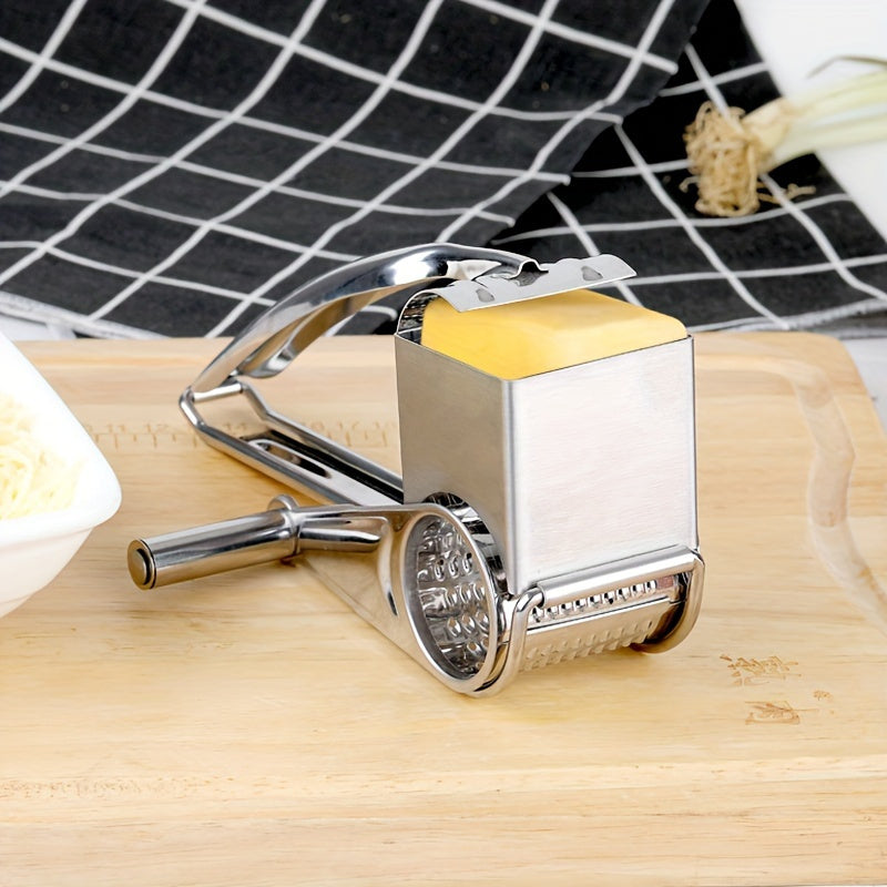 Premium Stainless Steel Cheese Grater - Manual Rotary Shredder with Interchangeable Blades, Durable Metal Kitchen Tool.
